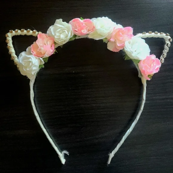 Floral Mcbling Kitty Kitten Cat Ears Flower Crown Headband Hairband Accessory - Picture 2 of 3